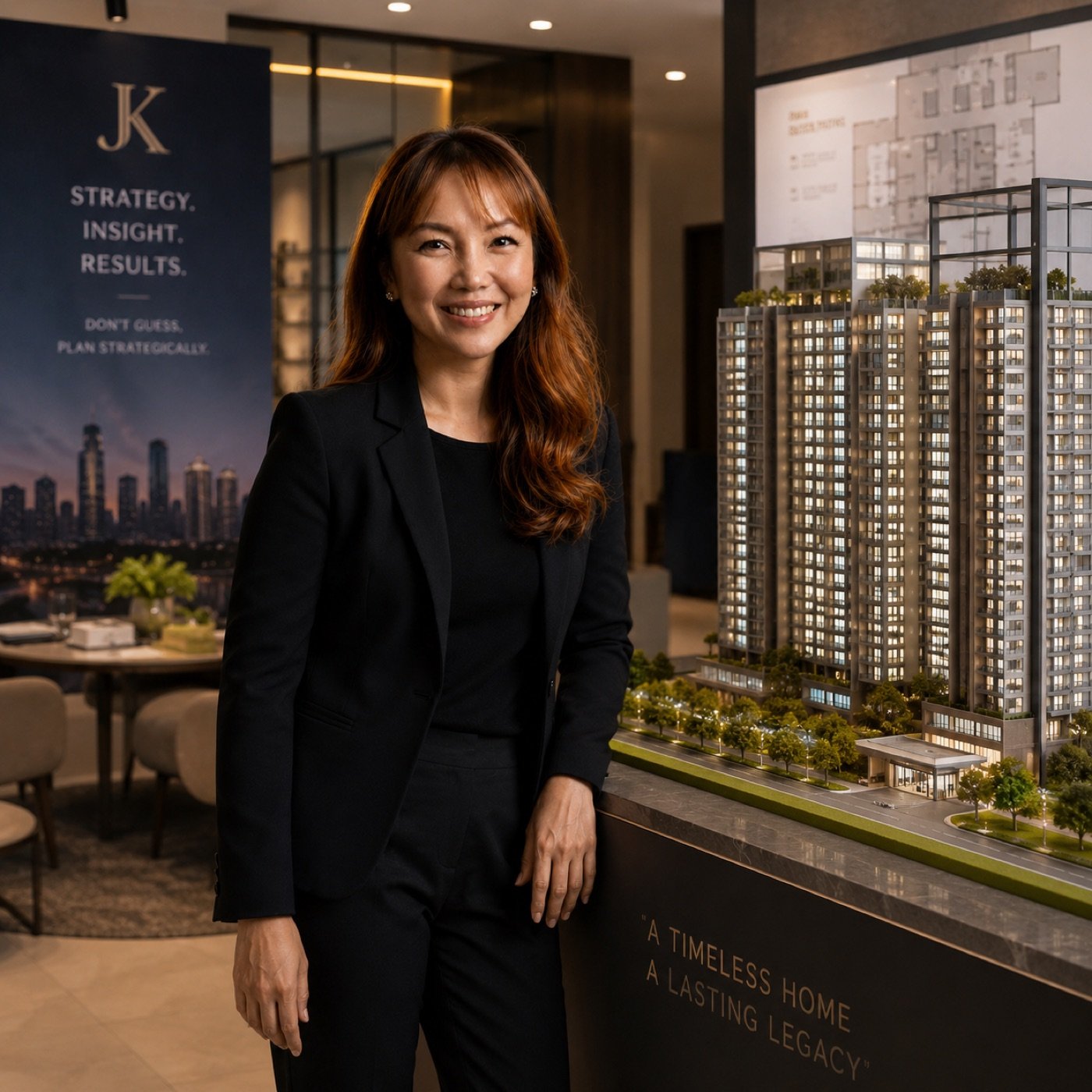 Joelynn Koh in a showflat beside a project model