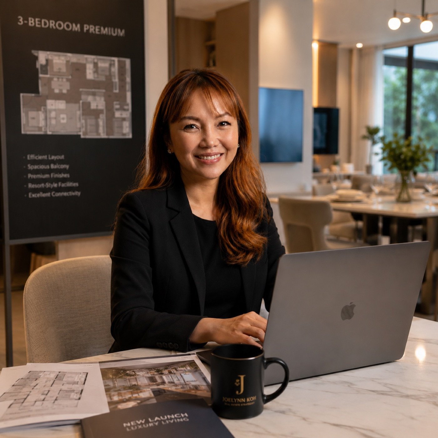Joelynn Koh working in a showflat during a property consultation